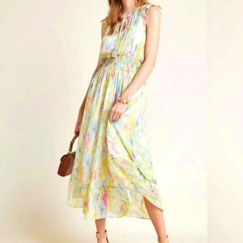 Anthropologie Watercolor V Neck Ruffle Sleeve Smock Waist Maxi Dress Size 4